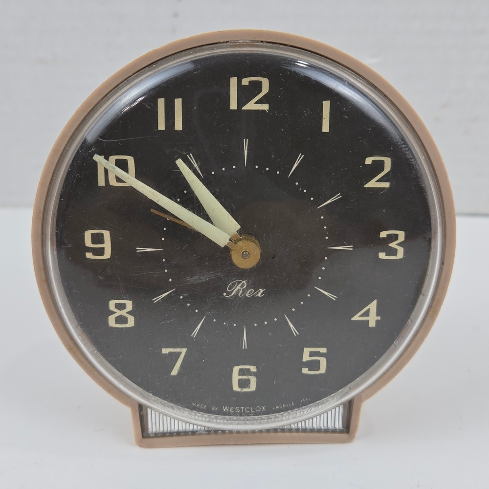 Westclox Rex Alarm Clock Vintage Wind Up Black Dial Tan Case MCM